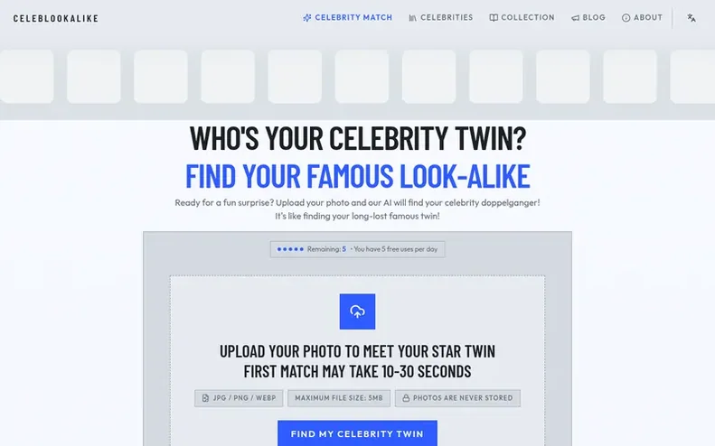 Screenshot of the Celebrity Look Alike homepage