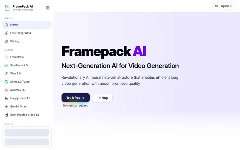 Screenshot of the FramePack AI homepage