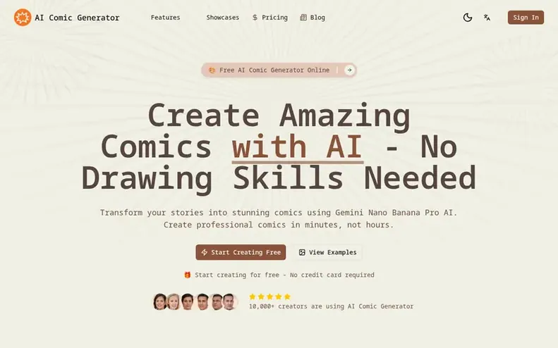 Screenshot of the AI Comic Generator homepage
