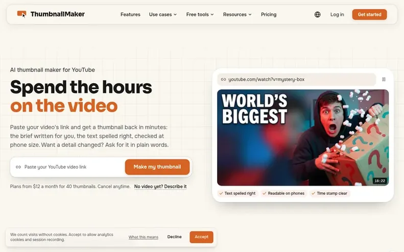 Screenshot of the ThumbnailMaker homepage