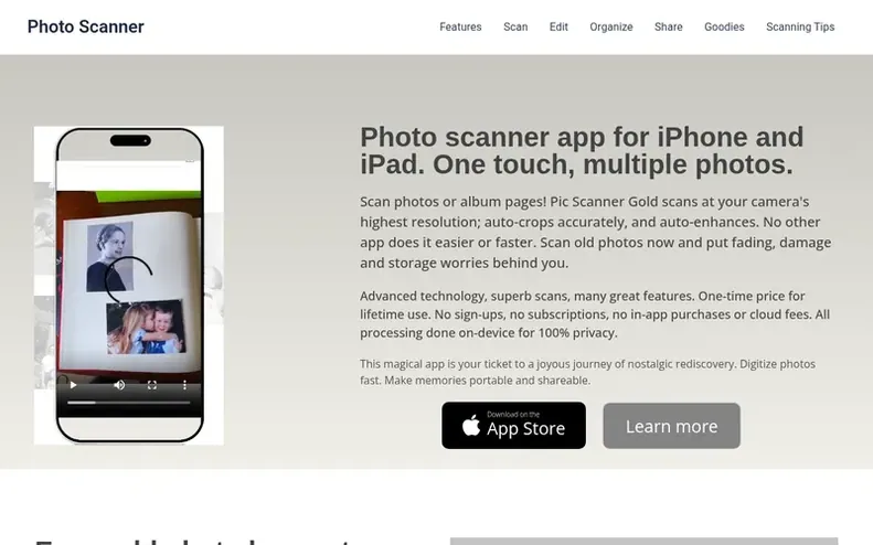 Screenshot of the Pic Scanner Gold homepage