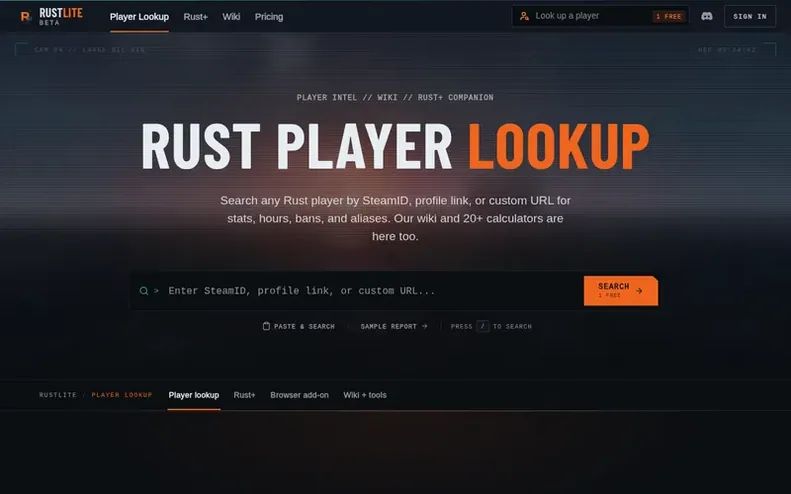 Screenshot of the RustLite homepage