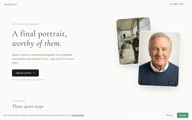 Screenshot of the LastFrame homepage