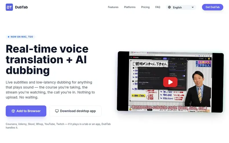 Screenshot of the DubTab homepage