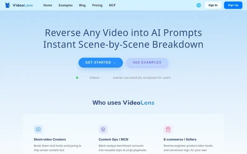 Screenshot of the VideoLens homepage