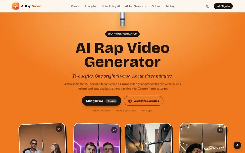 Screenshot of the AI Rap Video homepage