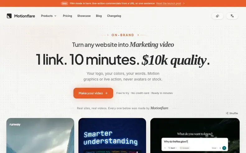 Screenshot of the Motionflare homepage