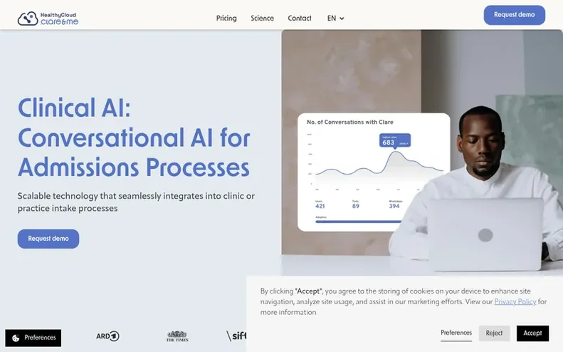 Screenshot of the clare&me homepage
