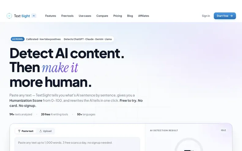 Screenshot of the TextSight homepage