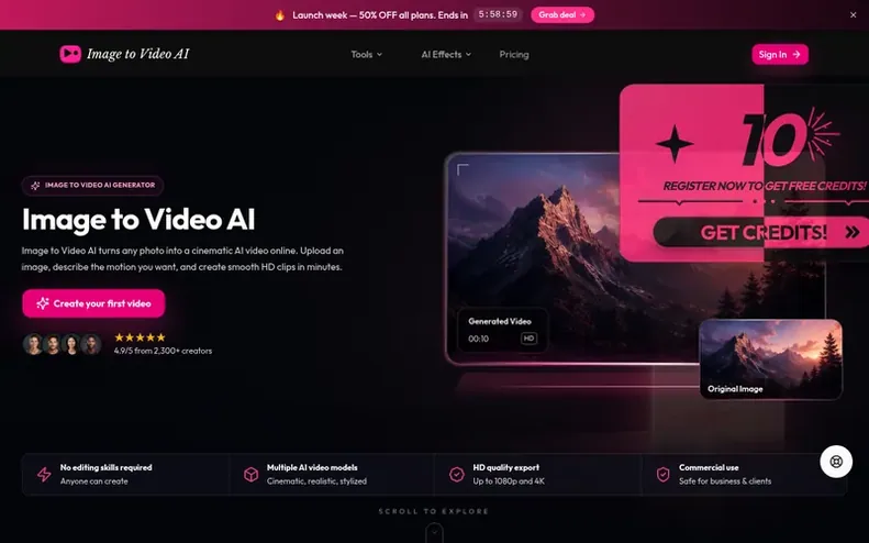 Screenshot of the Image to Video AI homepage