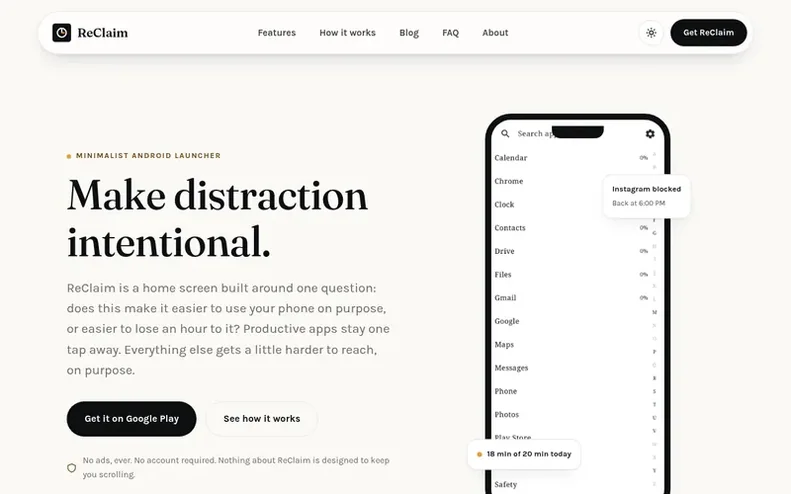 Screenshot of the ReClaim homepage
