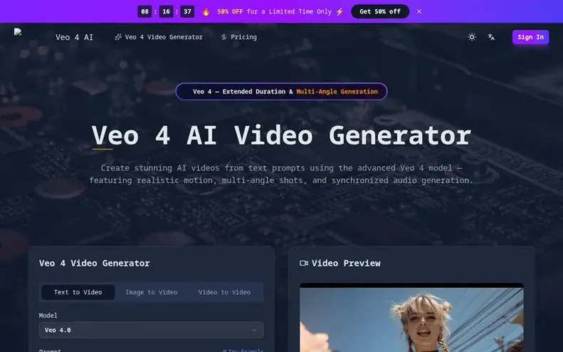 Screenshot of the Veo 4 homepage