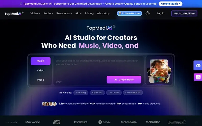 Screenshot of the TopMediai homepage