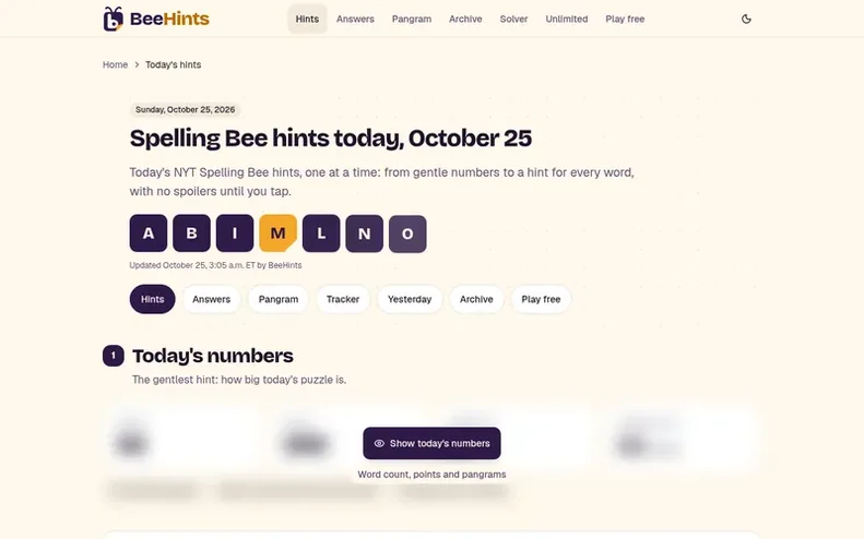 Screenshot of the BeeHints homepage