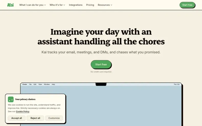 Screenshot of the Kai homepage