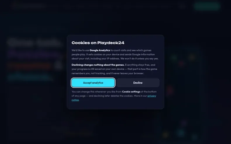 Screenshot of the Playdeck24 homepage