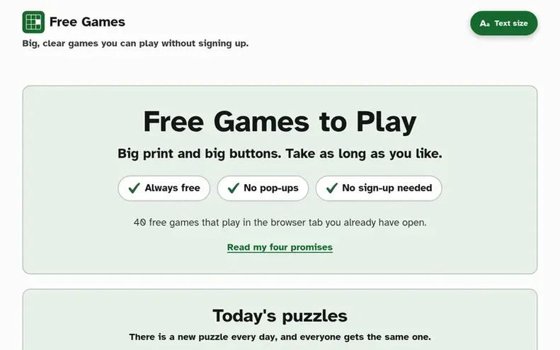 Screenshot of the Free Games for Seniors homepage