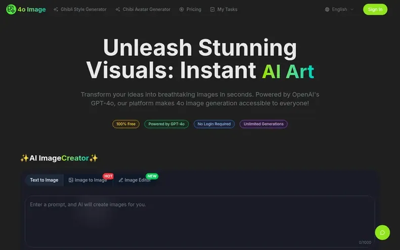 Screenshot of the 4o Image homepage