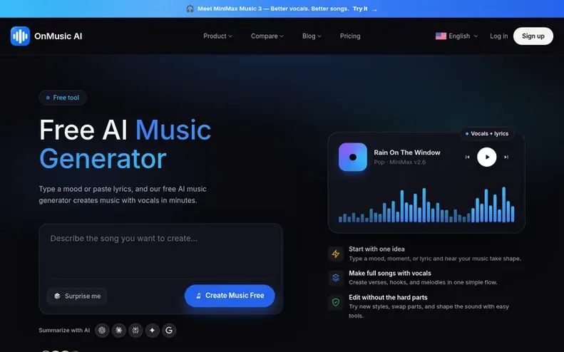 Screenshot of the OnMusic AI homepage