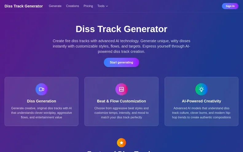Screenshot of the Diss Track Generator homepage