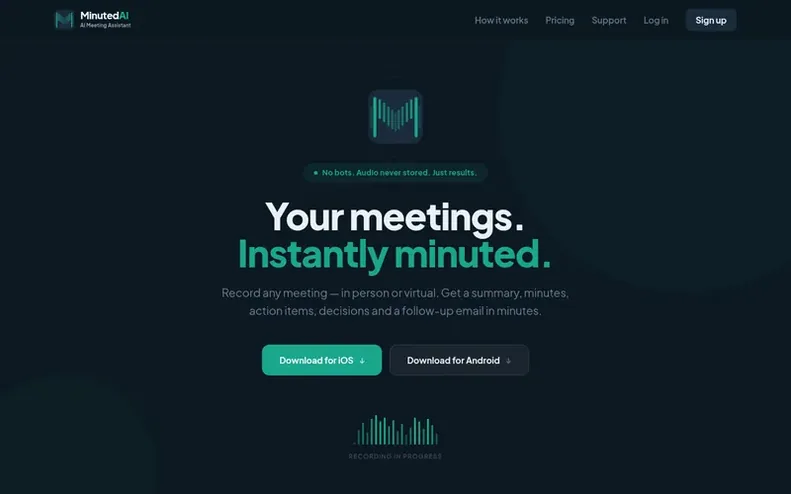Screenshot of the MinutedAI homepage