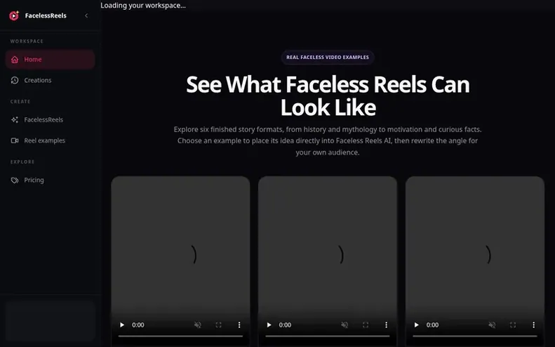 Screenshot of the Faceless Reels AI homepage