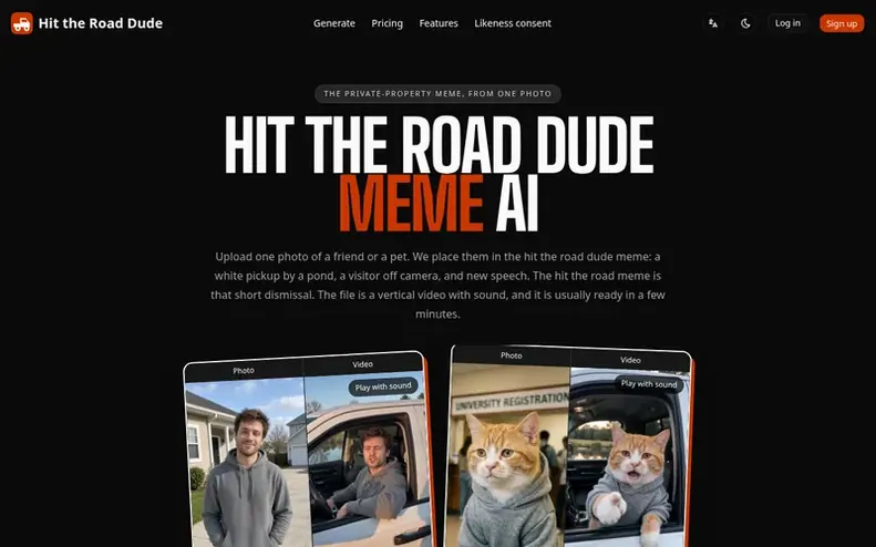 Screenshot of the Hit the Road Dude homepage