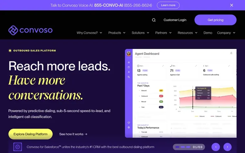Screenshot of the Convoso homepage
