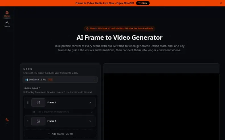 Screenshot of the Frame to Video homepage