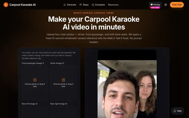 Screenshot of the Carpool Karaoke AI homepage