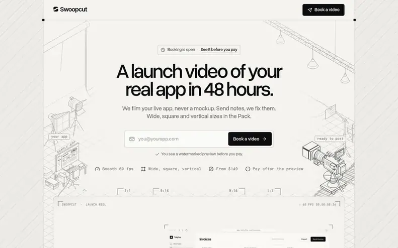 Screenshot of the Swoopcut homepage