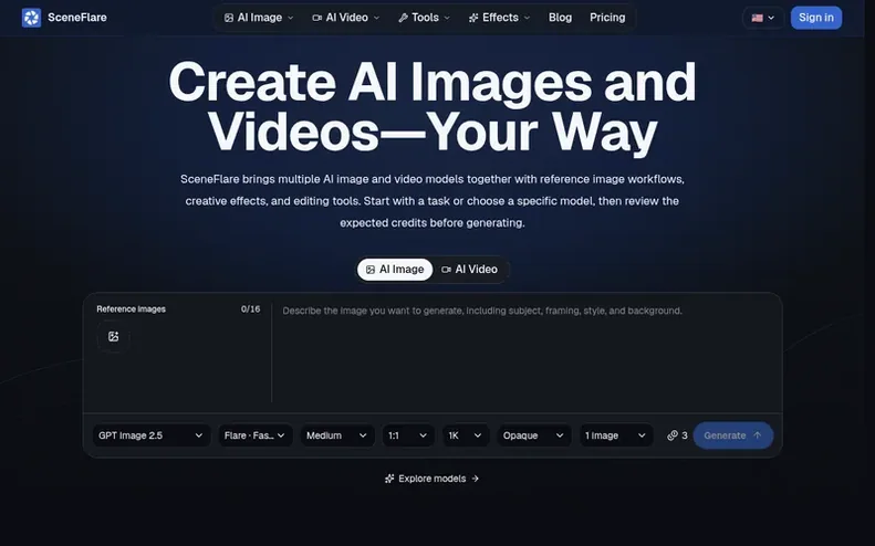 Screenshot of the SceneFlare homepage