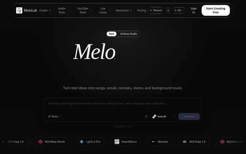 Screenshot of the MeloLab homepage