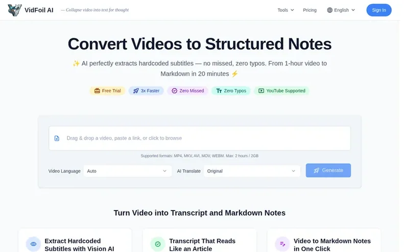 Screenshot of the VidFoil homepage