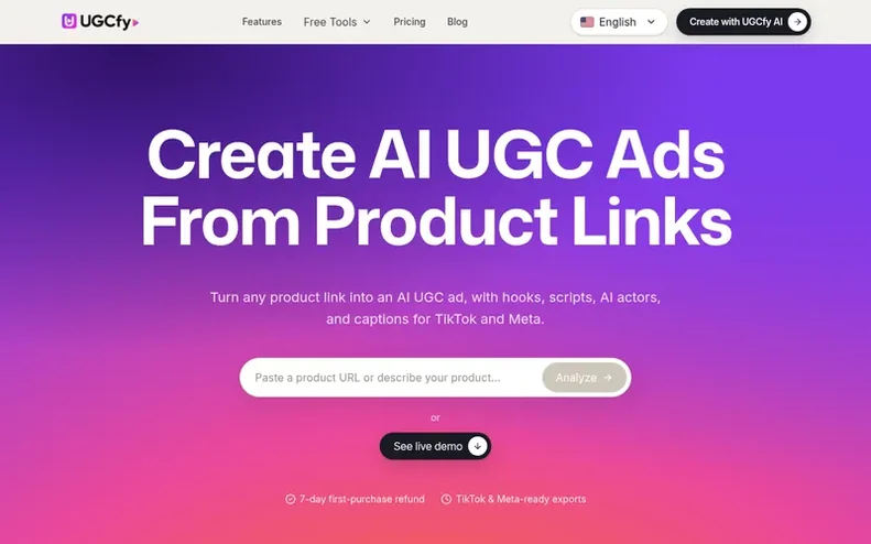Screenshot of the UGCfy AI homepage