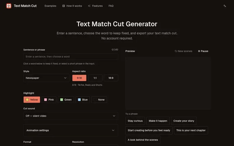Screenshot of the Text Match Cut homepage