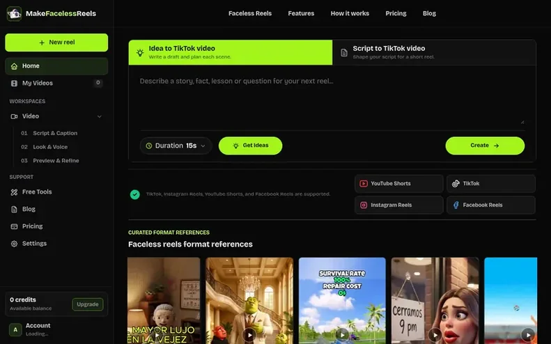 Screenshot of the MakeFacelessReels homepage