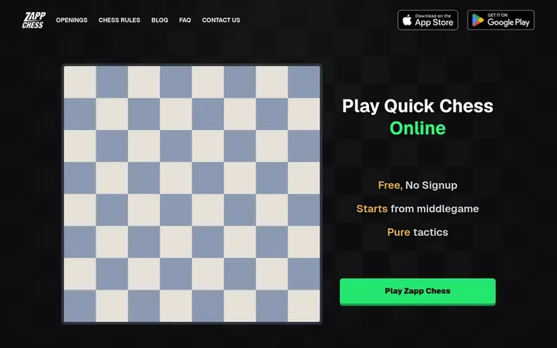 Screenshot of the Zapp Chess homepage