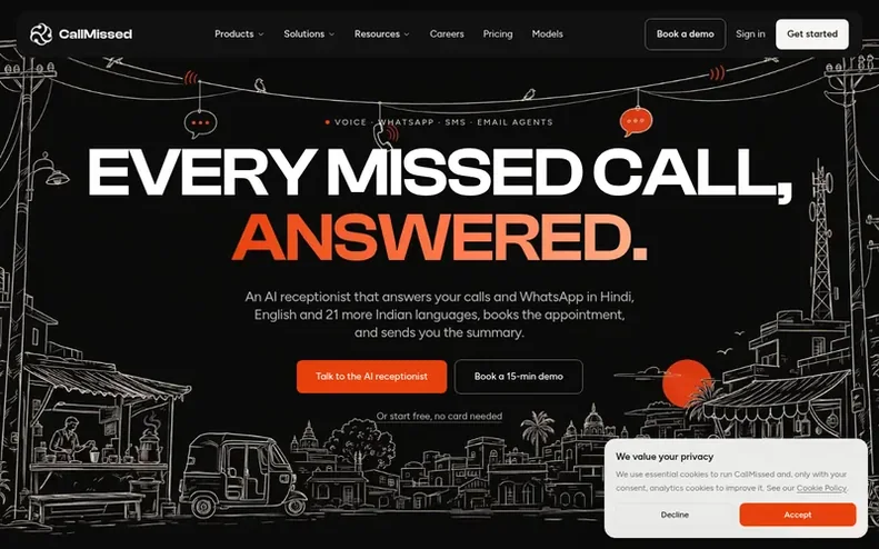 Screenshot of the CallMissed homepage
