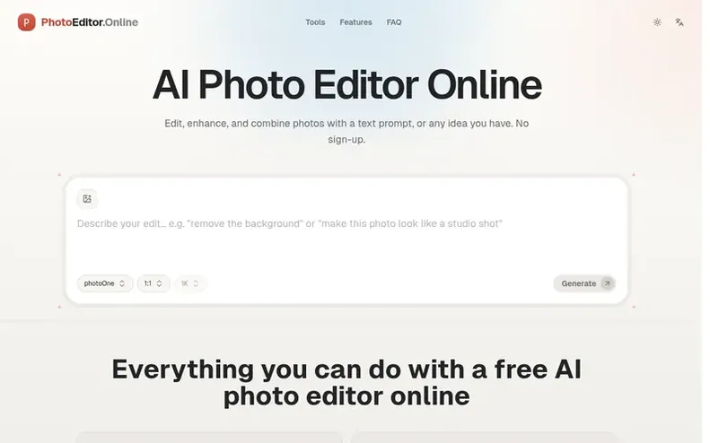 Screenshot of the PhotoEditor.Online homepage