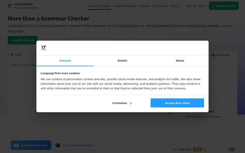 Screenshot of the LanguageTool homepage