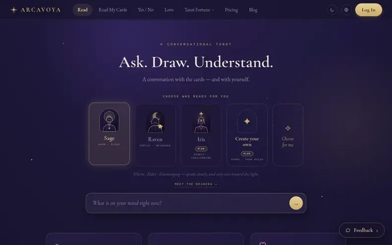 Screenshot of the Arcavoya homepage