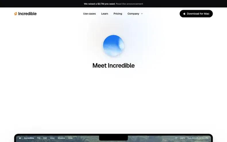 Screenshot of the Incredible homepage