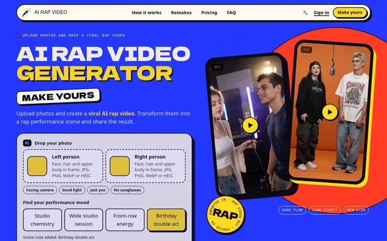Screenshot of the AI Rap Video homepage
