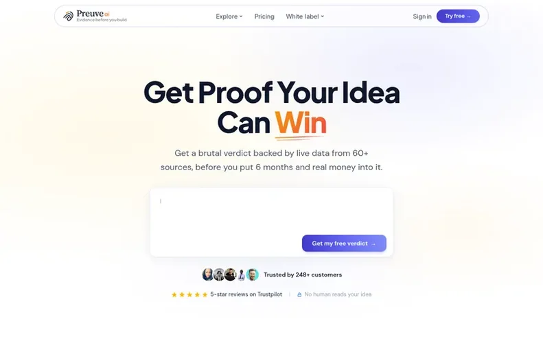 Screenshot of the Preuve AI homepage