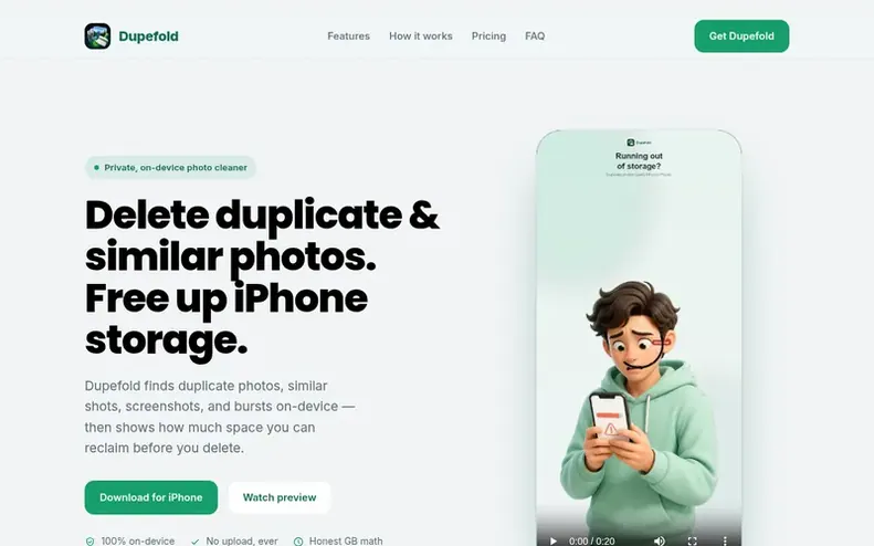 Screenshot of the Dupefold homepage