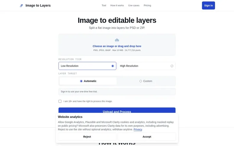 Screenshot of the Image to Layers homepage