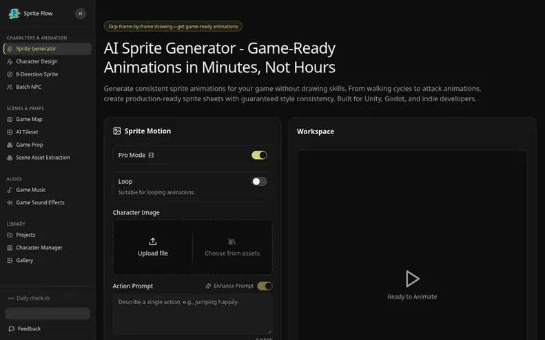 Screenshot of the Sprite Flow homepage