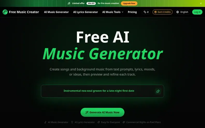 Screenshot of the Free Music Creator homepage