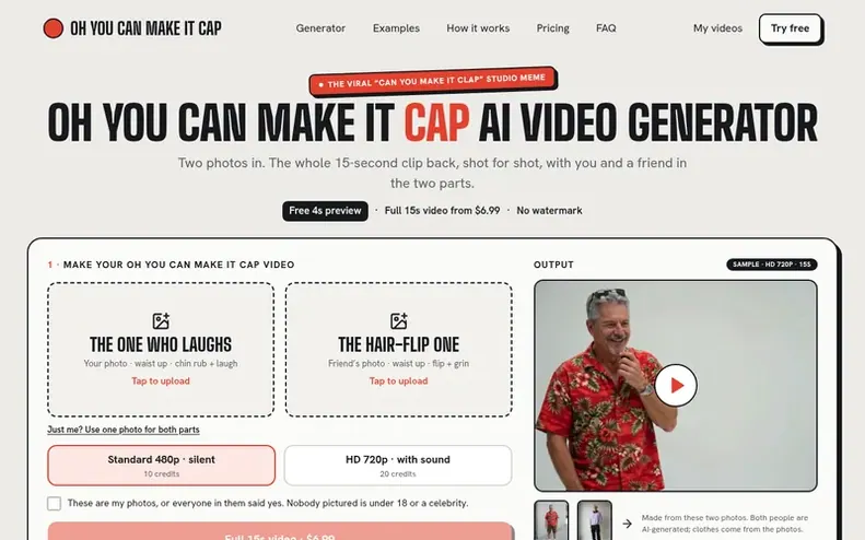 Screenshot of the Oh You Can Make It Cap AI homepage